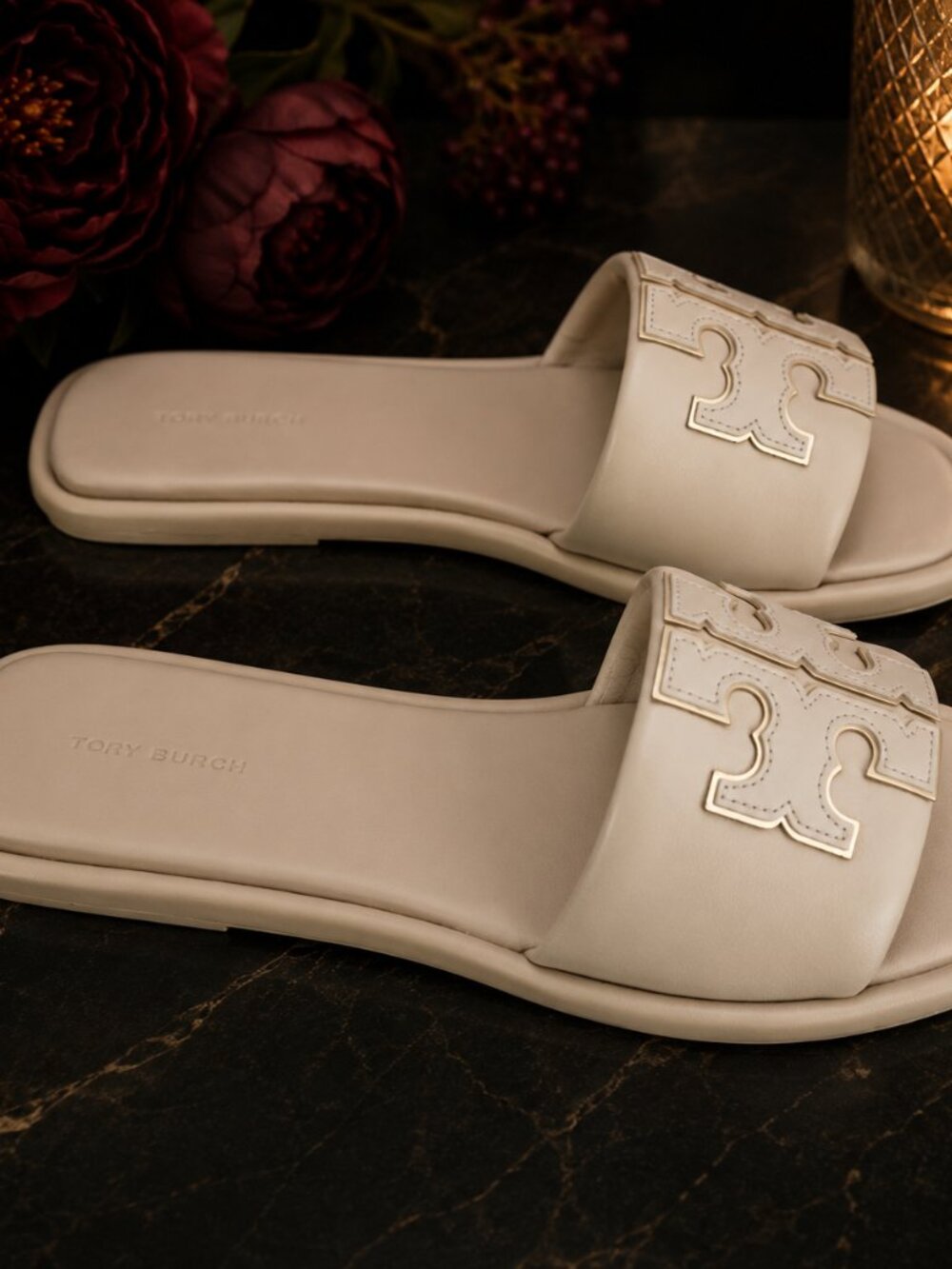 NEW Tory Burch Double T Sport Slide Sandals Dulce De Leche Gold Cream - Picture 2 of 4